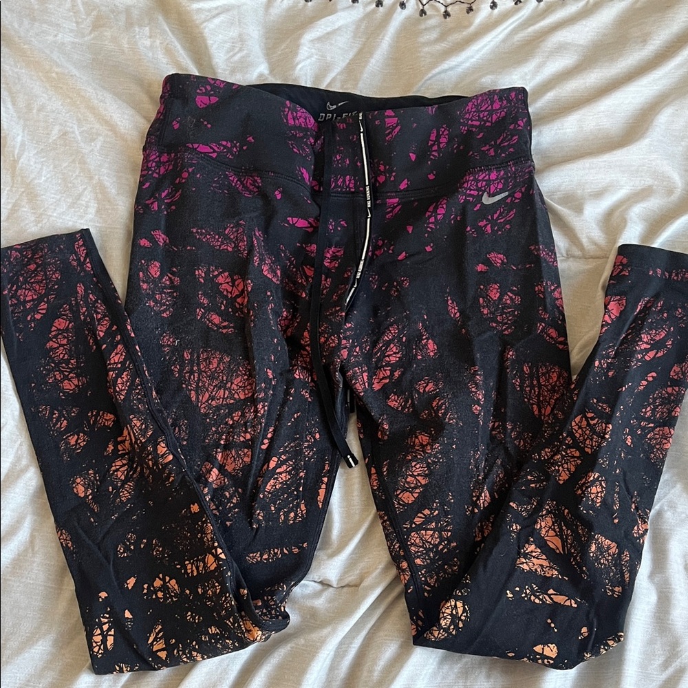Nike Black Leggings with Pink and Orange Abstract Print